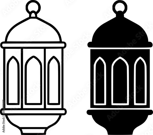 Icon for Ramadan or Eid, vector illustration of lantern, black and white in outline and silhouette design style
