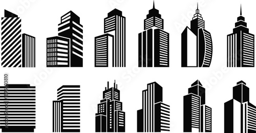 City skyscraper icon set, modern building silhouettes, urban architecture collection, office towers vector, black cityscape symbols, real estate graphic, isolated white background