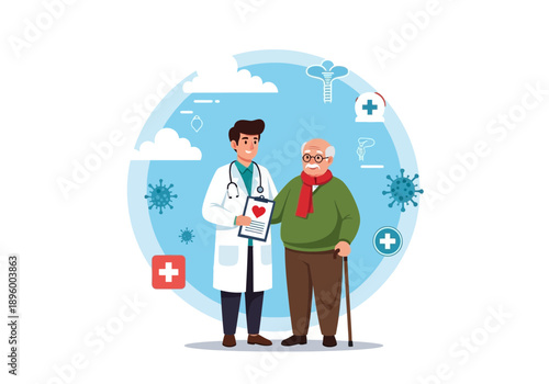 Doctor consulting with elderly patient with cane