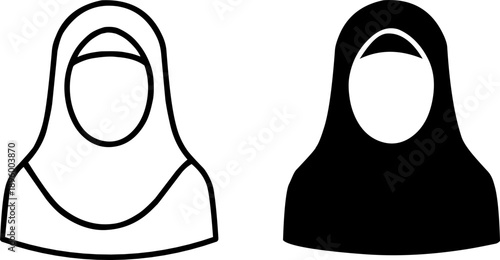 Icon for Ramadan or Eid, vector illustration of a Muslim female avatar, black and white in outline and silhouette design style