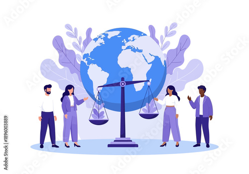 Global justice and balance concept with people and earth scale