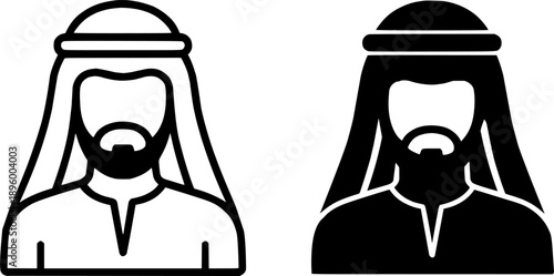 Icon for Ramadan or Eid, vector illustration of Arabian male avatar, black and white in outline and silhouette design style