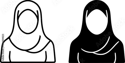 Icon for Ramadan or Eid, vector illustration of Arabian woman avatar, black and white in outline and silhouette design style