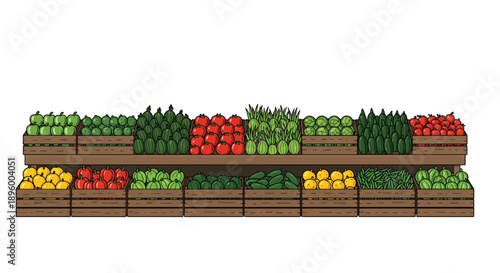 Fresh Fruits and Vegetables Displayed on Wooden Crates at Market Stall