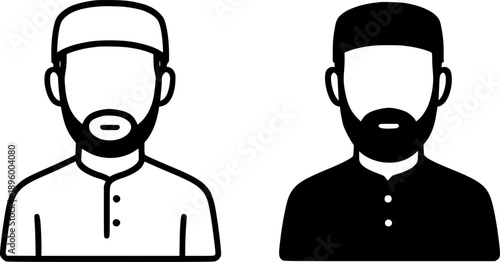 Icon for Ramadan or Eid, vector illustration of a Muslim male avatar, black and white in outline and silhouette design style