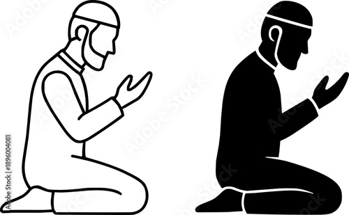 Icon for Ramadan or Eid, vector illustration of a praying man, black and white in outline and silhouette design style