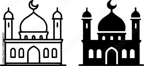 Icon for Ramadan or Eid, vector illustration of black and white mosque in outline and silhouette design style