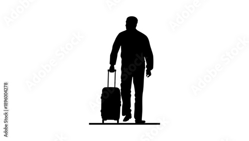 man with luggage back view, black isolated silhouette