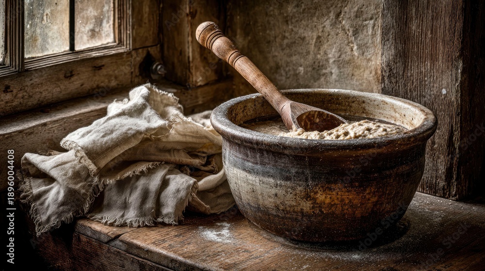 Fototapeta premium Bubbling Sourdough Starter in Rustic Bowl with Wooden Spoon