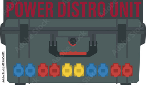 Professional portable power distro unit distribution box case with colorful outlet sockets for industrial cinema filmmaking event production electrical supply equipment.