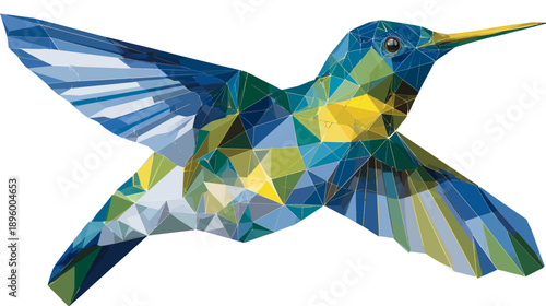 Low-poly illustration of a hummingbird in flight, showing wings outstretched, and a long slender beak