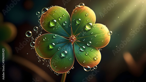 A green four leaf clover with dew drops on a dark background