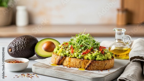 Gourmet Avocado Toast Topped With Fresh Microgreens and Red Pepper Flakes