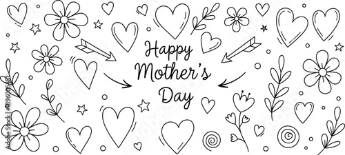 Happy mother's day doodle art with hearts and flowers