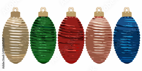 A row of six uniquely colored and textured ornamental christmas bulbs