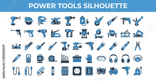 Power Tools Silhouette Icon Set for Construction, Workshop and Industrial Equipment