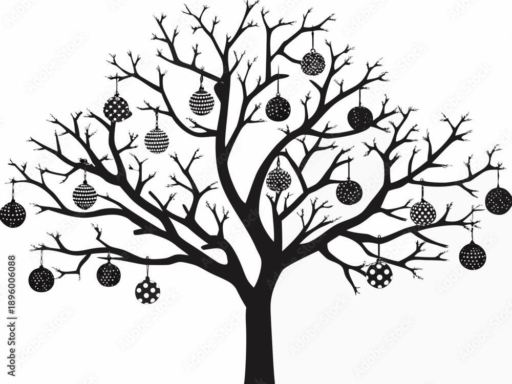 Obraz premium A silhouetted tree adorned with decorative patterned sphere ornaments