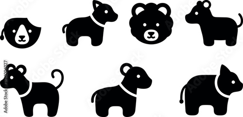 Collection of seven black dog silhouettes in various poses