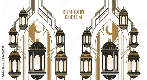 Ramadan Kareem greeting with traditional Islamic lanterns and mosque arches.