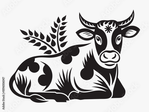 A stylized black and white illustration of a resting cow with wheat
