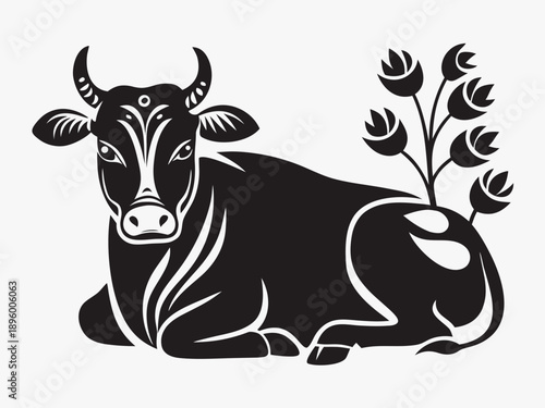 A stylized black and white illustration of a resting cow with foliage