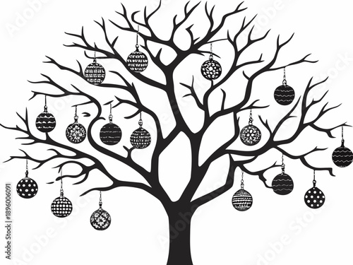 A silhouette of a bare tree decorated with ornamental christmas spheres