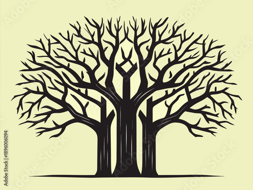 Stylized illustration of three bare trees with intricate branching patterns