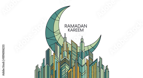 Ramadan Kareem crescent moon and city skyline illustration.