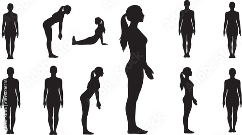 Collection of female silhouettes in various poses and exercises