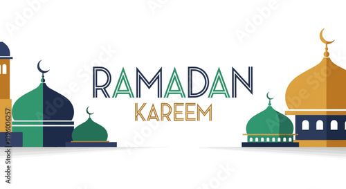 Ramadan Kareem greeting with mosque domes and minarets.