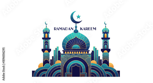 Intricate Mosque Illustration with Crescent Moon and Star for Ramadan Kareem.