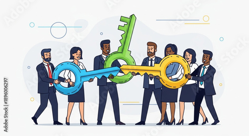 Diverse business team holds large keys symbolizing success and opportunity.