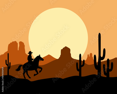 A silhouetted cowboy rides a horse against a vibrant desert sunset backdrop