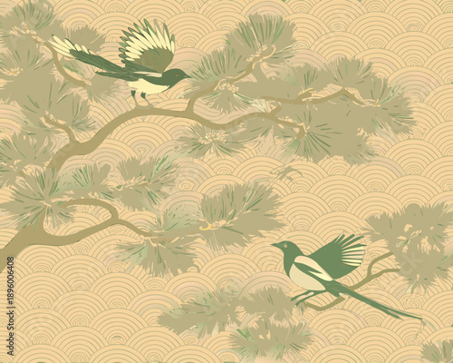 A stylized illustration of magpies perched on pine branches with a patterned background