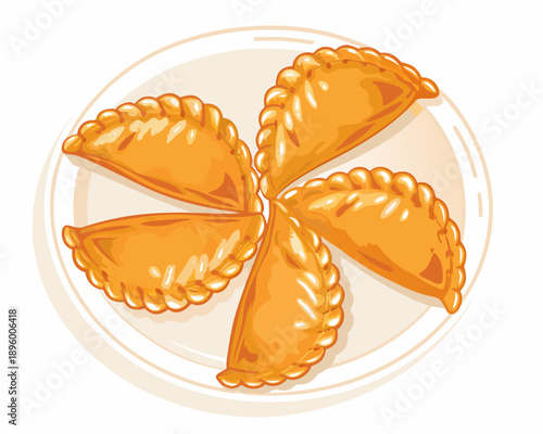 A vibrant illustration of five golden crescent shaped curry puffs on a plate