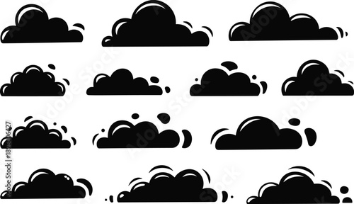 Diverse collection of 12 black cartoon cloud silhouettes, hand-drawn doodle vector elements for weather icons, smoke, steam, and comic book effects.