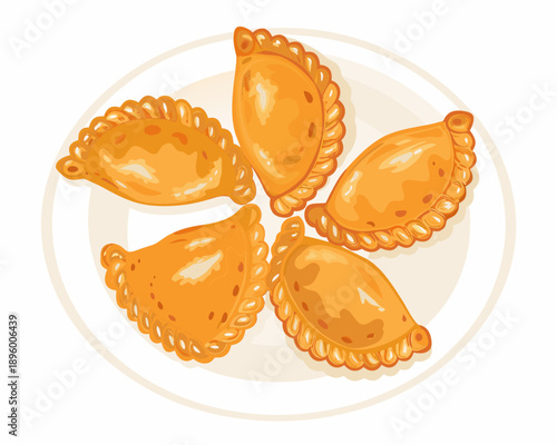 Five golden curry puffs displayed on a white ceramic plate