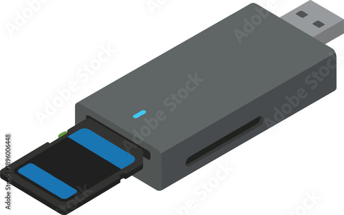 Portable usb memory card reader adapter with inserted sd card for high speed digital data transfer and file storage computer accessory equipment electronic device.