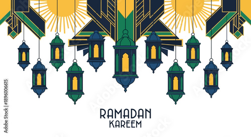 Ramadan Kareem celebration with hanging traditional Islamic lanterns and decorative elements.