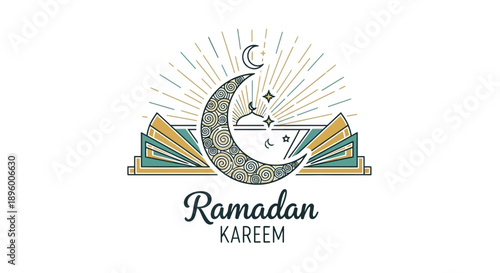 Ramadan Kareem crescent moon and stars with open books and sunburst religious holiday illustration.