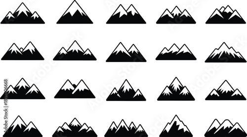 Collection of 15 diverse mountain range icons, black silhouette vector set with snow-capped peaks, representing nature, adventure, and extreme hiking concepts.