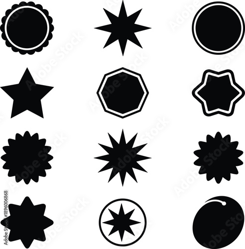 Essential black vector starburst and badge shapes collection isolated on white background, perfect for seals, labels, stickers, and promotional graphic design elements.