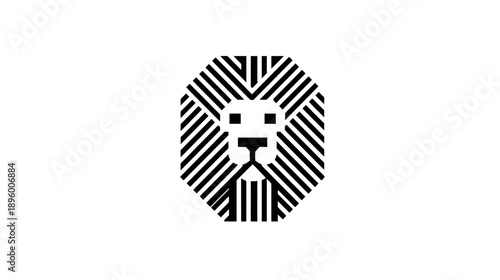 Black and white geometric lion illustration featuring striped mane and square facial features