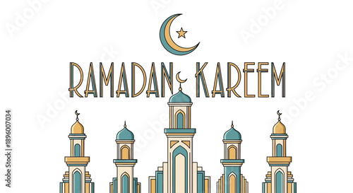 Ramadan Kareem greeting with mosque minarets and crescent moon.
