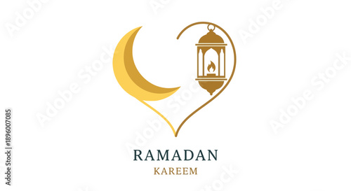 Golden crescent moon and lantern forming heart shape for Ramadan Kareem.