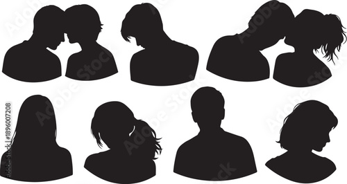 Silhouettes of people in various poses and hairstyles together