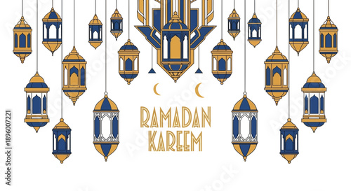 Ramadan Kareem greeting with hanging traditional Islamic lanterns and crescent moons.