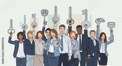 Diverse group of business people holding large keys.