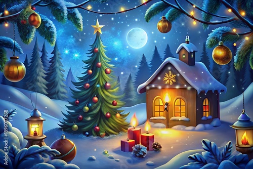 Wallpaper Mural Cozy winter wonderland scene with snow covered house and Christmas tree Torontodigital.ca