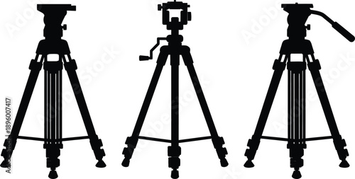 Black silhouette collection of professional video camera tripod stands for cinema filmmaking and photography studio production equipment support gear stabilizer.